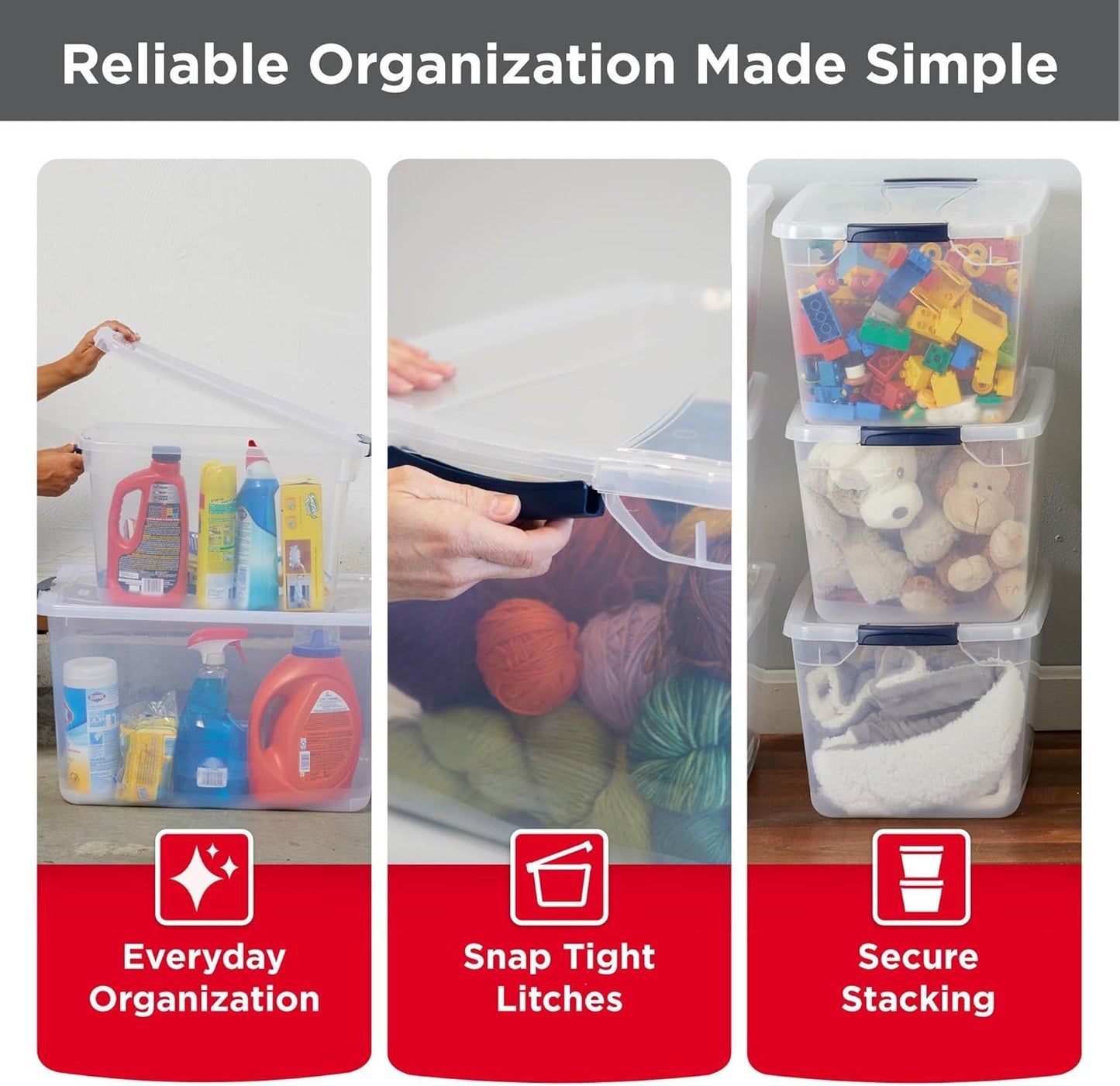 Rubbermaid Cleverstore Clear 32 Qt, 6 Pack Stackable Plastic Storage Bins with Lids, Great for Closet and Laundry Storage, Organizing in the Home