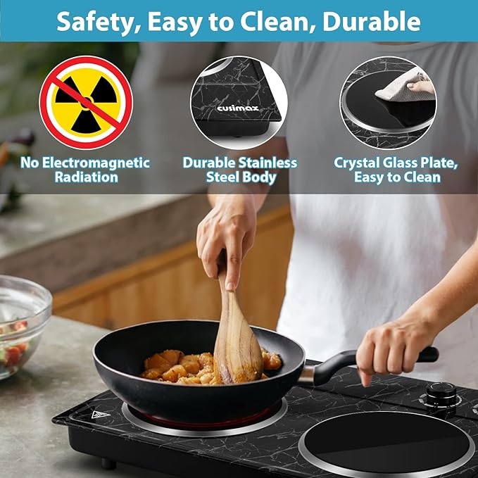 Hot Plate, CUSIMAX Double Burner Electric Hot Plate for Cooking, 1800W Dual Control Portable Stove Countertop Electric Burner Infrared Cooktop, Stainless Steel Black Marble