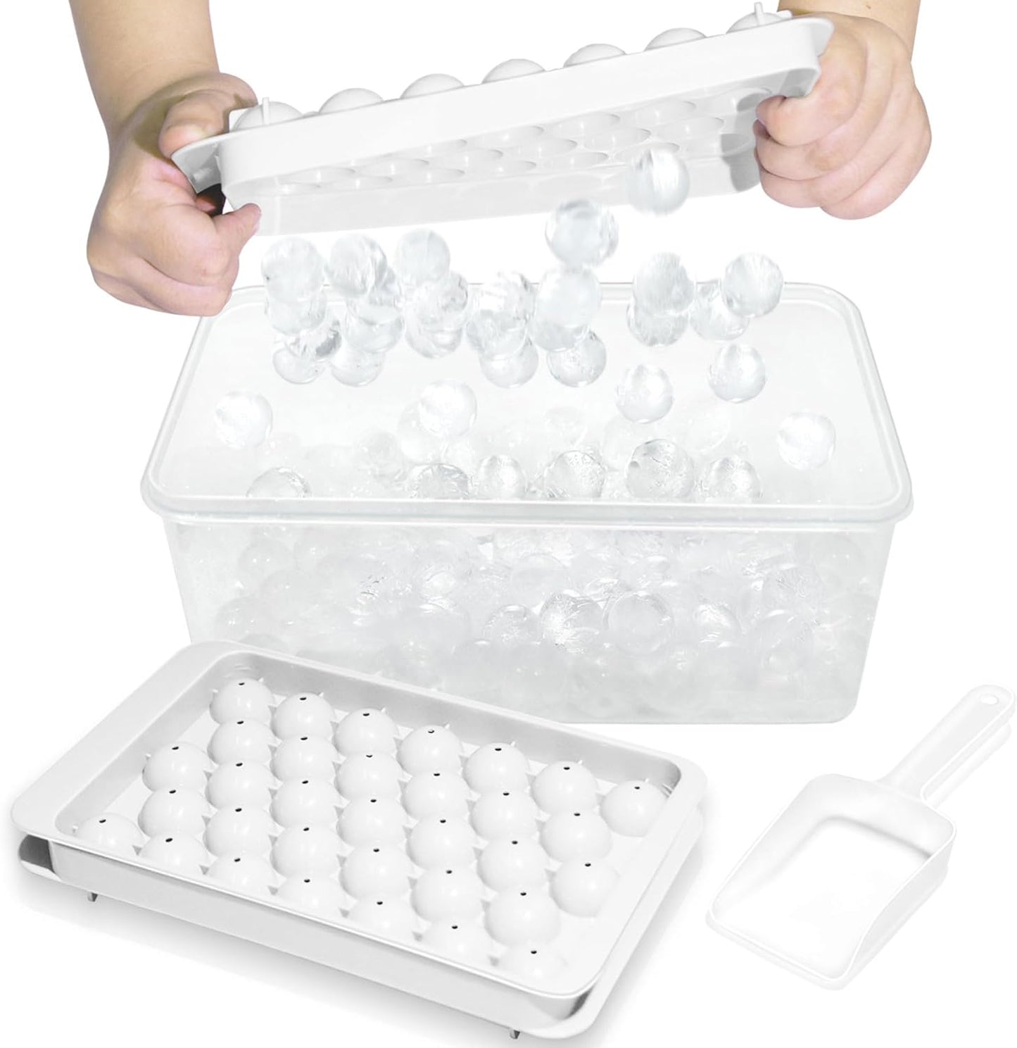 WIBIMEN Ice Cube Tray with Lid and Bin - Round Ice Trays for Freezer with Lid - Ice Cube Trays for Freezer with Ice Container (1"-2PACK White)