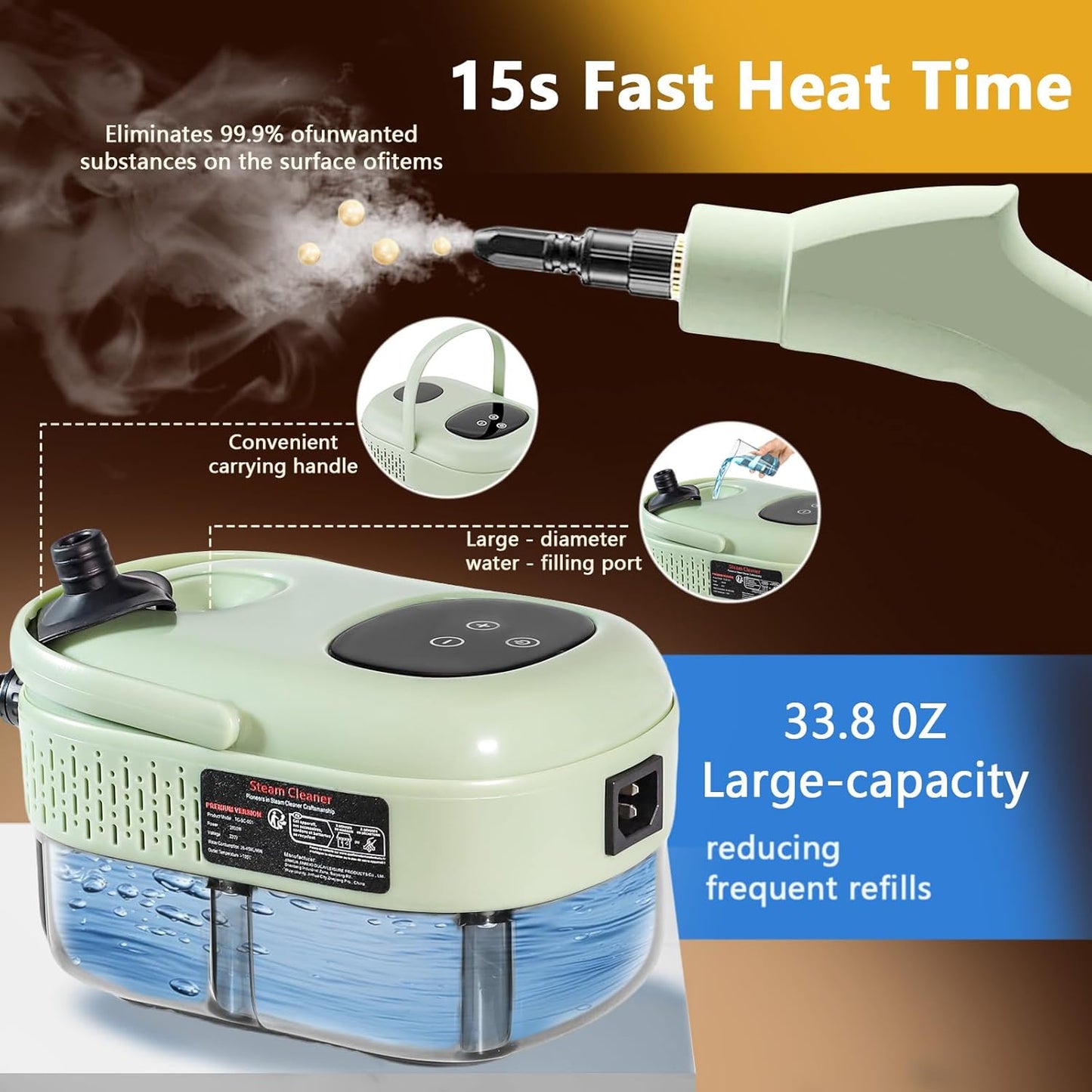 Steam Cleaner, 15s Heat-Up, 6-Level Adjustable Handle, High Pressure Steamer for Cleaning with 11 pcs Accessories, Handheld Cleaning Steamer for Home, Floors, Car, Upholstery, Grout, Bathroom, Kitchen