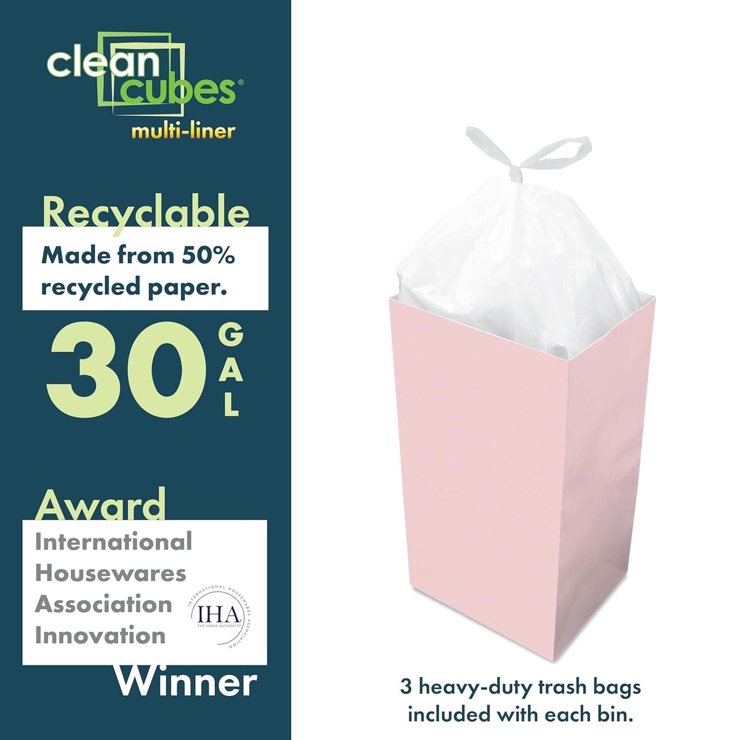 30 Gallon Disposable Pop-Up Trash Cans (3-Pack, Multi-Liner) with Fitted Bags – Foldable Garbage & Recycling Bins for Parties, Events & Kitchen (Pink 30" H x 14" W x 17" D)