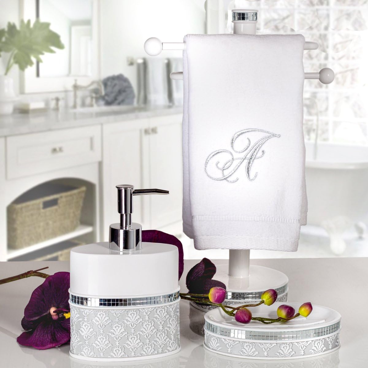 Creative Scents Mirror Damask Grey and White Soap Dispenser, Decorative Hand Soap Dispenser for Bathroom - Modern Countertop Lotion Dispenser with Durable Pump for Elegant Bathroom Decor