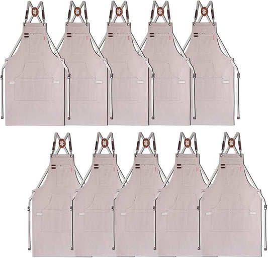 10 Pack Kitchen Aprons, Work Apron, Canvas, Multiple Pockets, Gardening, Painting, BBQ, Artist, Carpenter, Sizes M to XXL, Grey