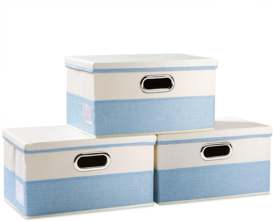 PRANDOM Collapsible Storage Bin with Lid [3-Pack] Fabric Foldable Storage Box Organizer Container Basket Cube with Cover for Home Bedroom Closet Office Nursery Blue&Cream(14.9x9.8x9.8)