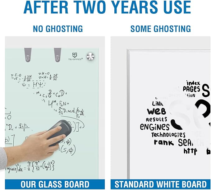 TSJ OFFICE Glass Dry-Erase Board - 36 x 24 Inches Wall Mounted Whiteboard with Magnetism, Large Frameless Glass White Board for Office, Home & School