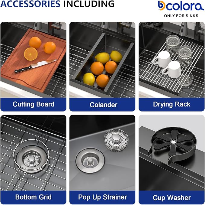 Dcolora 33 In. Black Kitchen Sink with Cup Washer, Large Single Bowl Drop In Installation, Heavy Duty 16 Gauge 304 Stainless Steel, Workstation with Valued Accessories, #DC-T2533001BWS 33"x22"x10"