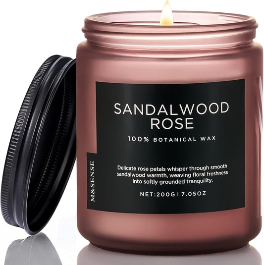 M&SENSE Sandalwood Rose Scented Candle 7.05oz 50 Hours Long Lasting Burn Natural Soy Wax Strong Scented Candle for Home, 2 Wick Home Fragrance Slow Burning Housewarming Gifts for Men Women