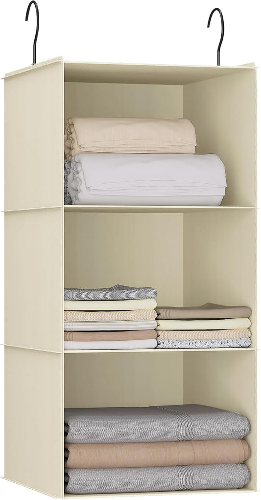 Hanging Closet Organizer and Storage 3-Shelf, Easy Mount Foldable Hanging Closet Wardrobe Storage Shelves, Clothes Handbag Shoes Accessories Storage, Washable Oxford Cloth Fabric, Beige