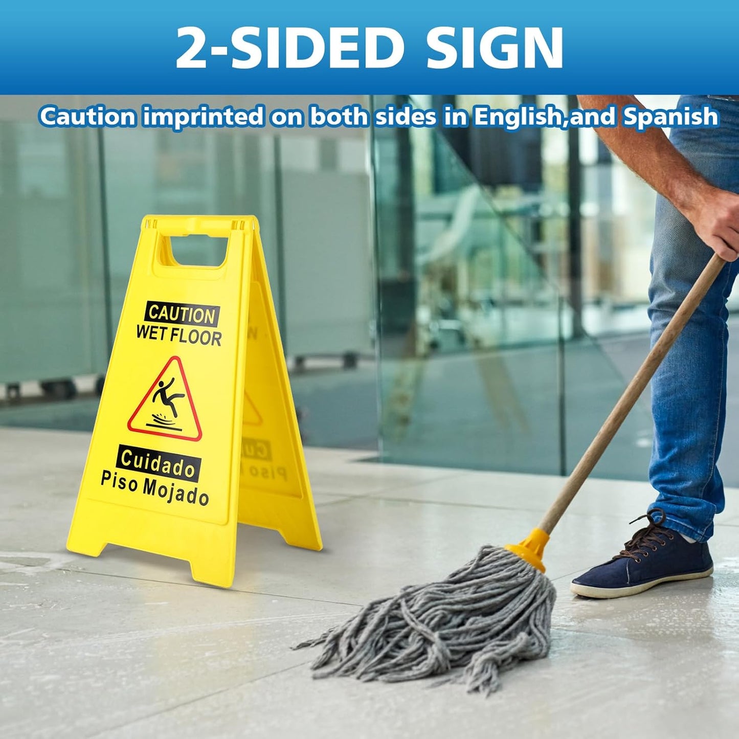 2-Pack Caution Wet Floor Sign,17.5" Height,Bright Yellow Double-Sided Folding A-Shaped Frame Design, Bilingual Caution Message