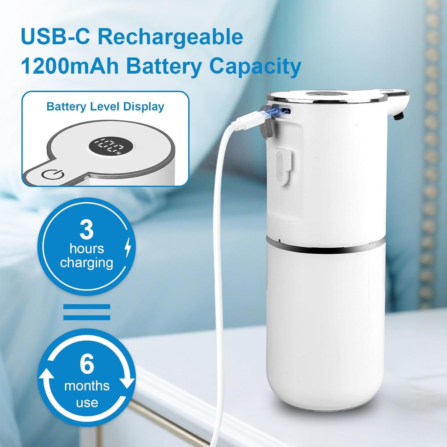 2 Pack Automatic Foaming Soap Dispenser Touchless, USB Rechargeable Smart Hand Soap Dispenser, 6-Level Adjustable, 12.8oz/380mL Wall Mount for Bathroom Kitchen Dish Soap