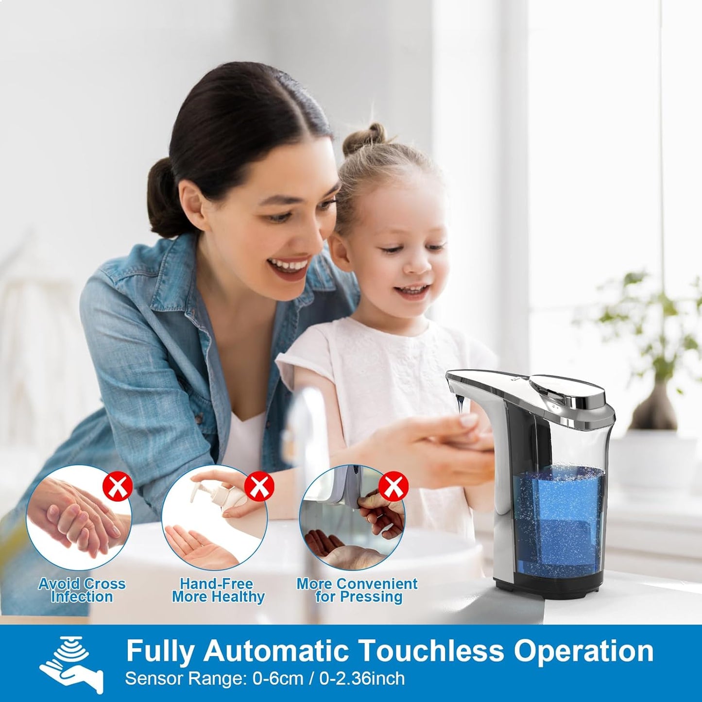 Automatic Soap Dispenser, Touchless Dish Soap Dispenser 17oz/500ml with Upgraded Infrared Sensor, 5 Adjustable Soap Dispensing Levels, Liquid Hand Dispenser for Bathroom (Silver Set)