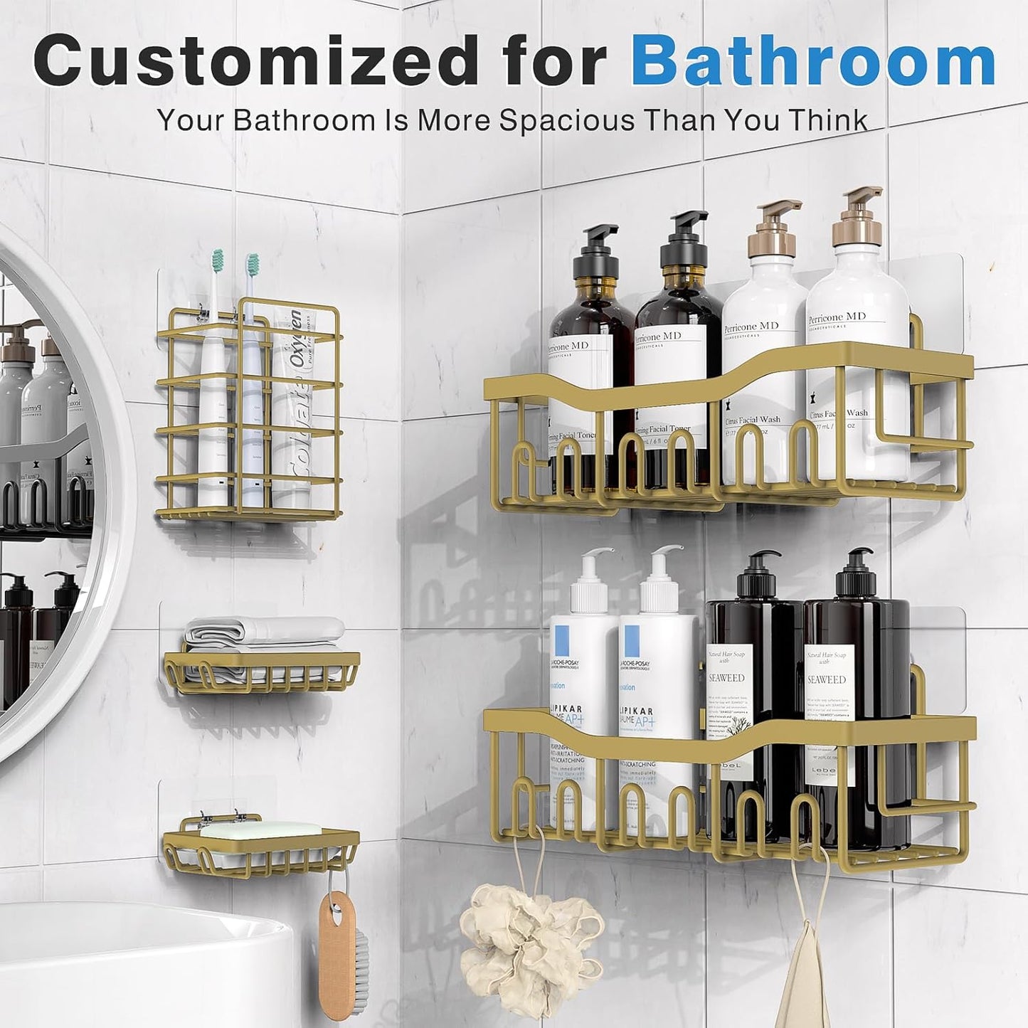 EUDELE 5-Pack Rustproof Stainless Steel Shower Caddy – No Drill Adhesive Bathroom Organizer with Large Capacity, Spacious Shower Shelves for Inside Shower, Kitchen & Home Decor Storage-XL Size