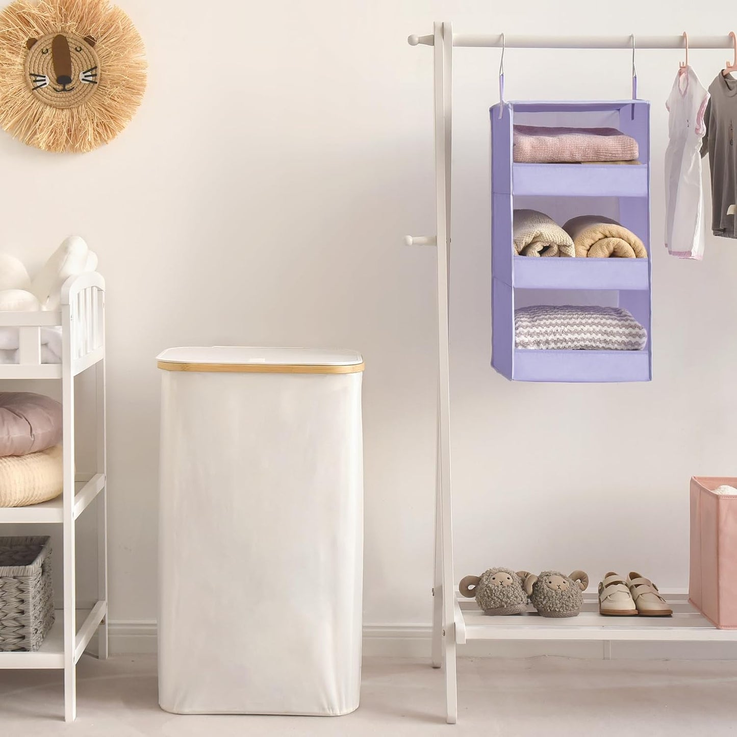 GRANNY SAYS 3 Shelf Hanging Closet Organizers and Storage, Collapsible Closet Storage Organizer with 2 Metal Hooks, Leak-Proof Hanging Shelves for Nursery, Kids Room, Bedroom, 1 Pack, Purple