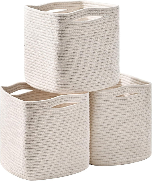 11 Inch Cube Storage Bins, Organizer Bins, Woven Cotton Rope Baskets for Storage, Storage Baskets for Organizing Shelves, White Basket for Toys, Off White (Pack of 3)