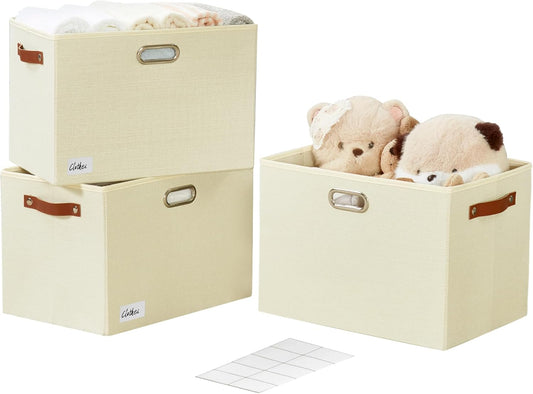 3-Pack Foldable Fabric Storage Bins with Durable PU & Metal Handles, Collapsible Storage Baskets for Shelves, Home Storage, Closet Organizers, Living Room(17"x11.8"x11.8", Beige)