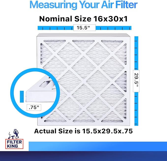 Filter King 16x30x1 Air Filter | 3-PACK | MERV 8 HVAC Pleated A/C Furnace Filters | MADE IN USA | Actual Size: 15.5 x 29.5 x .75"