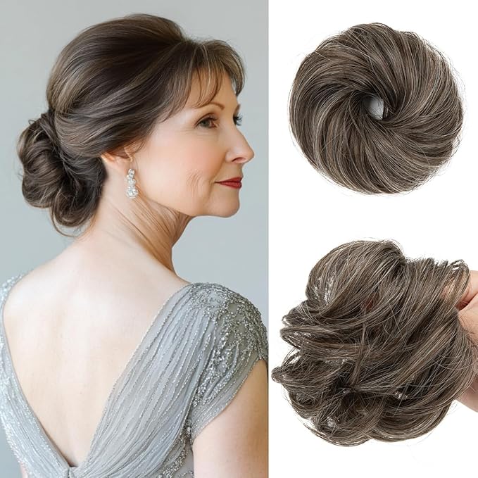 CJL HAIR 2PCs Small Cute Messy Bun Hair Piece for Thin Hair Women Mini Synthetic Curly Bun Scrunchies Updo Hairpieces Pepper Brown