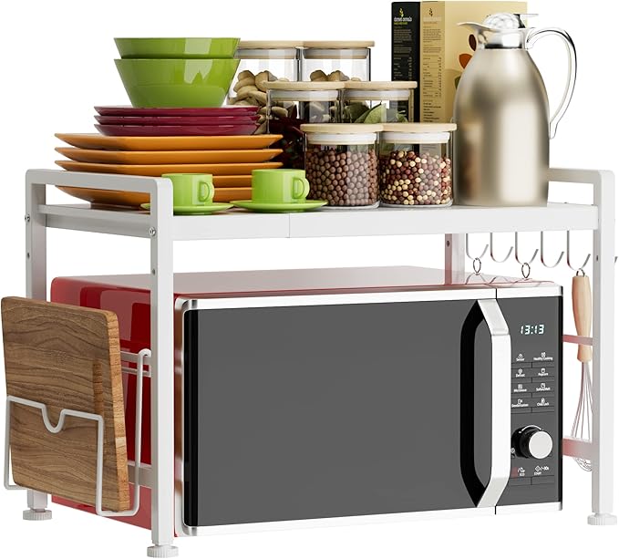 Extendable Microwave Oven Rack - Adjustable Kitchen counter shelf, 2 Tier Microwave Stand (L15.7~23.6" xW12.8 xH17.7) with 6 Hooks for Kitchen Countertop Organizer (White)