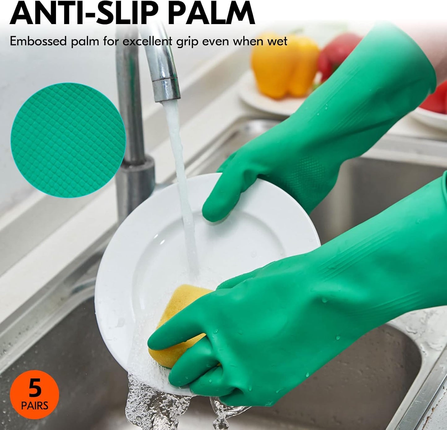 Vgo... 5-Pairs Reusable Household Gloves, Rubber Dishwashing gloves, Extra Thickness, Long Sleeves, Kitchen Cleaning, Working, Painting, Gardening, Pet Care (Size S, Green, HH4601)