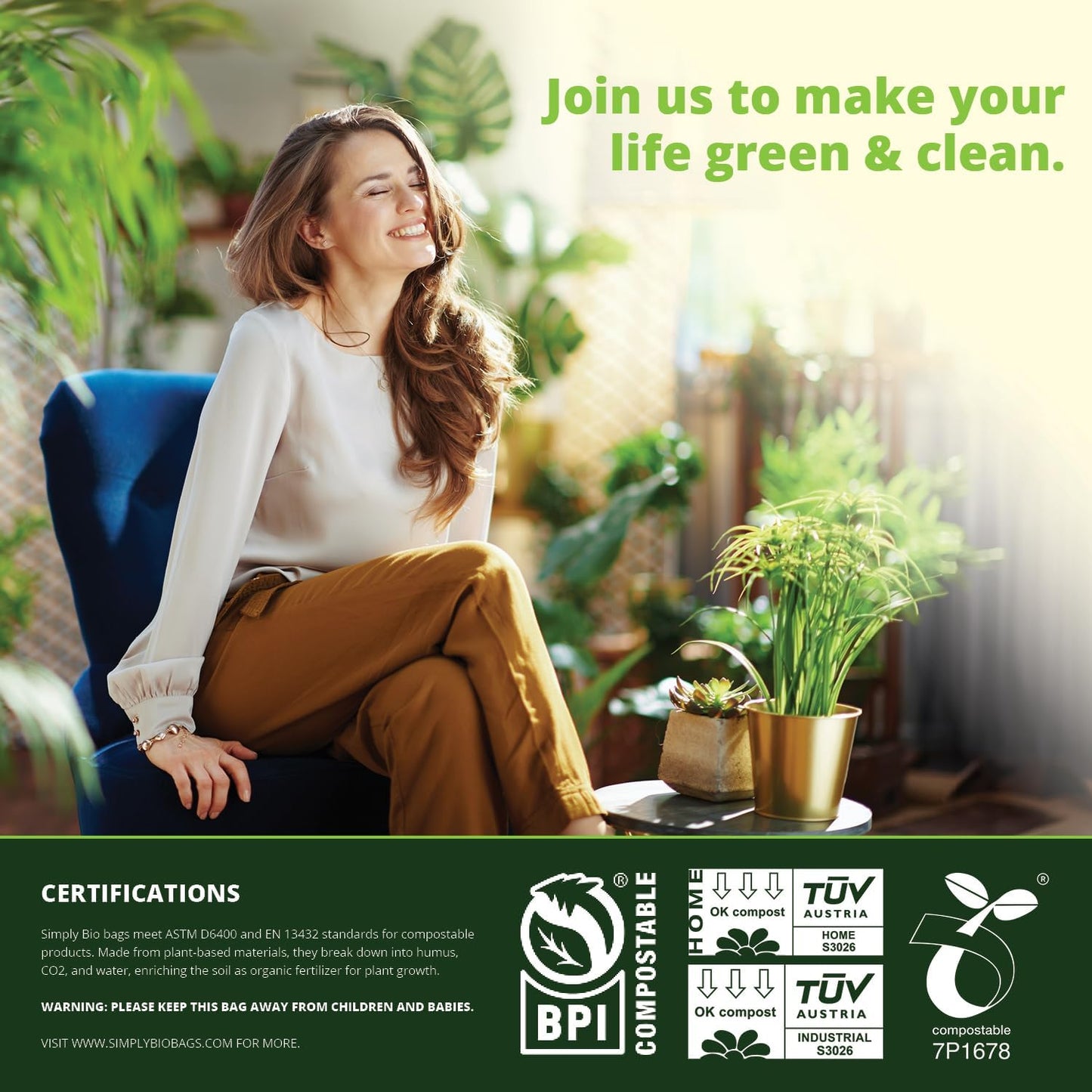 Simply Bio 1.6 Gallon Compostable Trash Bags Liners Handle, Heavy Duty Extra Thick 0.6 Mil, 6.06 Liter, 50 Bags, Small Kitchen Food Scrap Waste Bag, ASTM D6400, US BPI and OK Compost Home Certified