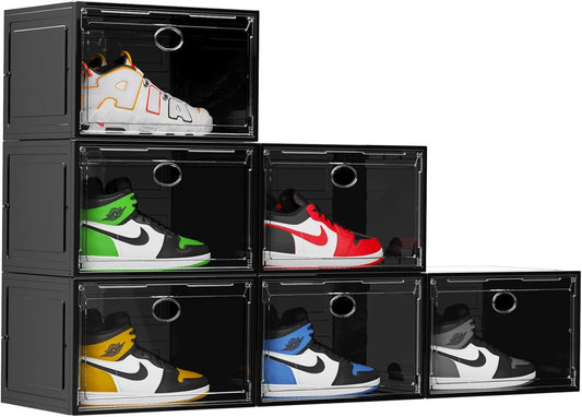 KEFA XL Shoe Storage Box Organizer, 6 Pack Shoe Boxes Clear Plastic Stackable, Sneaker Display Case Container Fit for US 13 (Side 6 PACK BLACK)