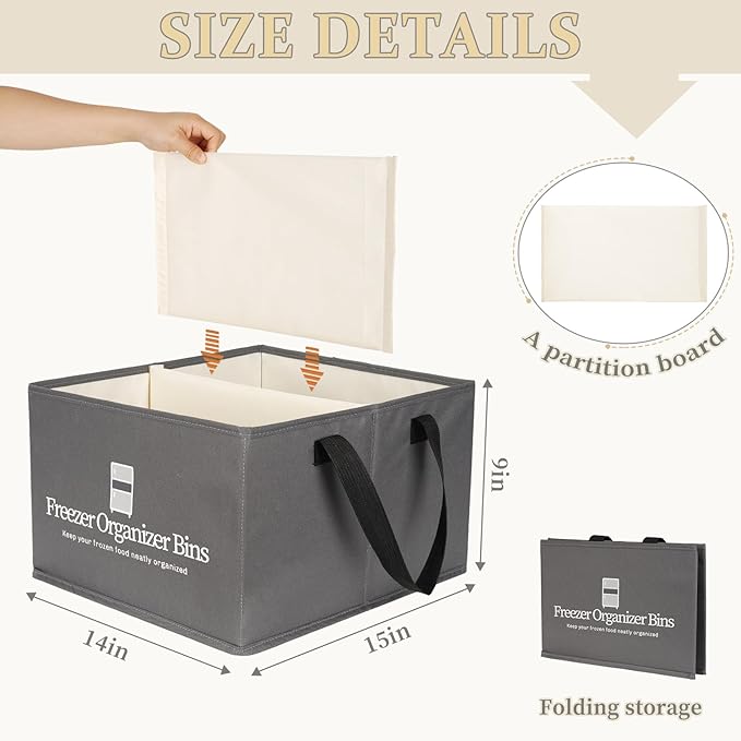 Freezer Organizer Bins, 4 Pack Collapsible Deep Freezer Organizer Bins for 15"x14"x9", freezer Storage Bins with Removable Dividers, Handles (Dark Grey, 4 Pack)