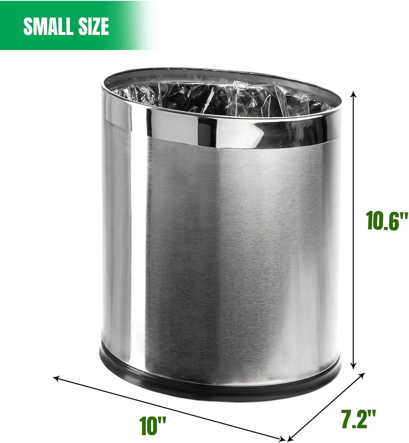 Invisi-Overlap' Open Top Stainless Steel Trash Can, Small Office Wastebasket, Modern Home Décor, Oval Shape
