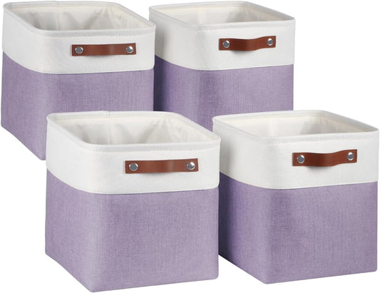 Univivi 10.5 Inch Fabric Cube Bins with Hard Bottom, 4 Pack Storage Baskets with PU Handles for Shelves Closet Foldable Storage Bins for Organizing (Purple,10.5" x 10.5" x 11")