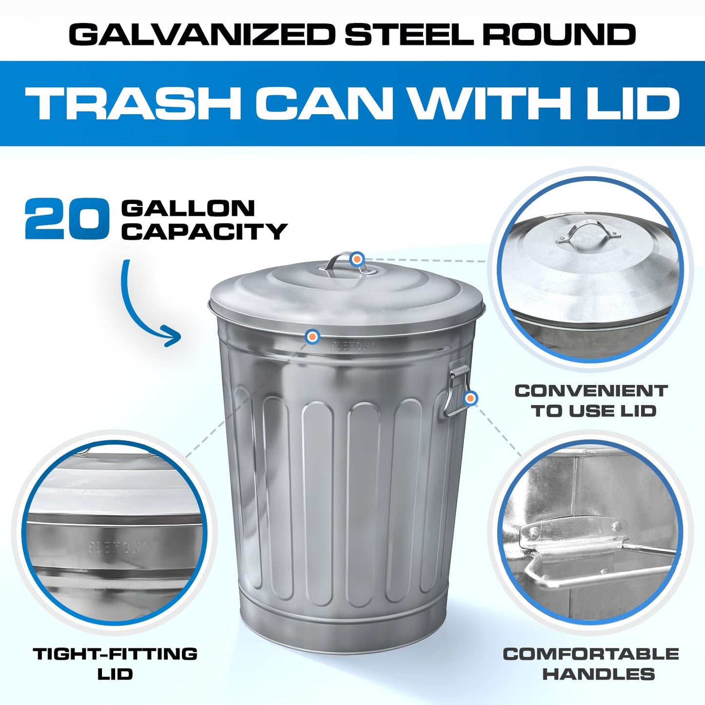 Plexon 2 Pack 13-Gallon Galvanized Steel Round Trash Can with Lid, Indoor and Outdoor Use, Durable Construction, Classic Design, Stylish