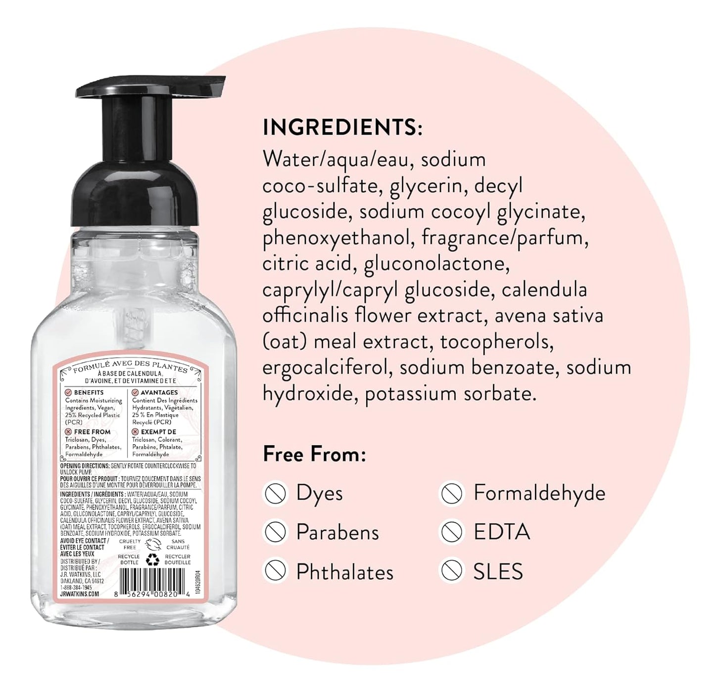 J.R. Watkins Foaming Hand Soap Pump with Dispenser, Moisturizing All Natural Hand Soap Foam, Alcohol-Free, Cruelty-Free, USA Made, Use as Kitchen or Bathroom Soap, Grapefruit, 9 fl oz, 6 Pack
