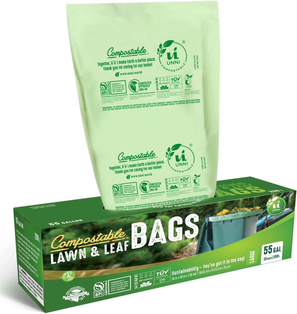 UNNI Compostable Trash Bags, 44-55 Gallon / 208 Liter, 10 Count, Extra Thick 1.38 mil Large Bin Liners for Commercial & Yard Waste, BPI, CMA & OK compost HOME Certified (Meets ASTM D6400)
