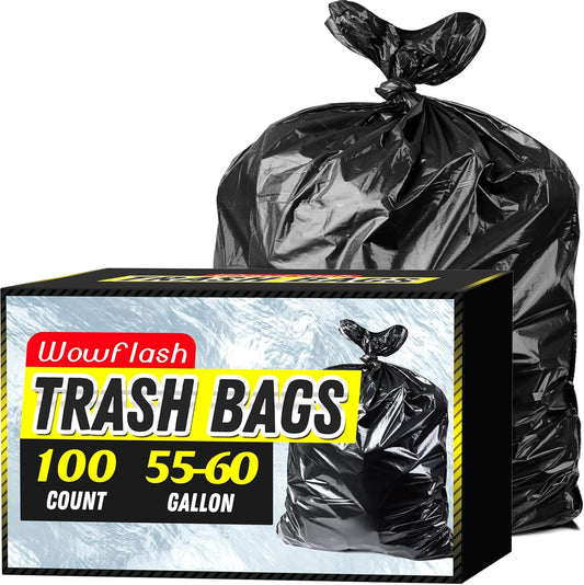 100 Count 55-60 Gallon Trash Bags, Sturdy & Tear-Resistant Commercial Can Liners 55 Gallon, Large Garbage Bags, Large Black Trash Bags for Commercial, Lawn and Leaf Bags