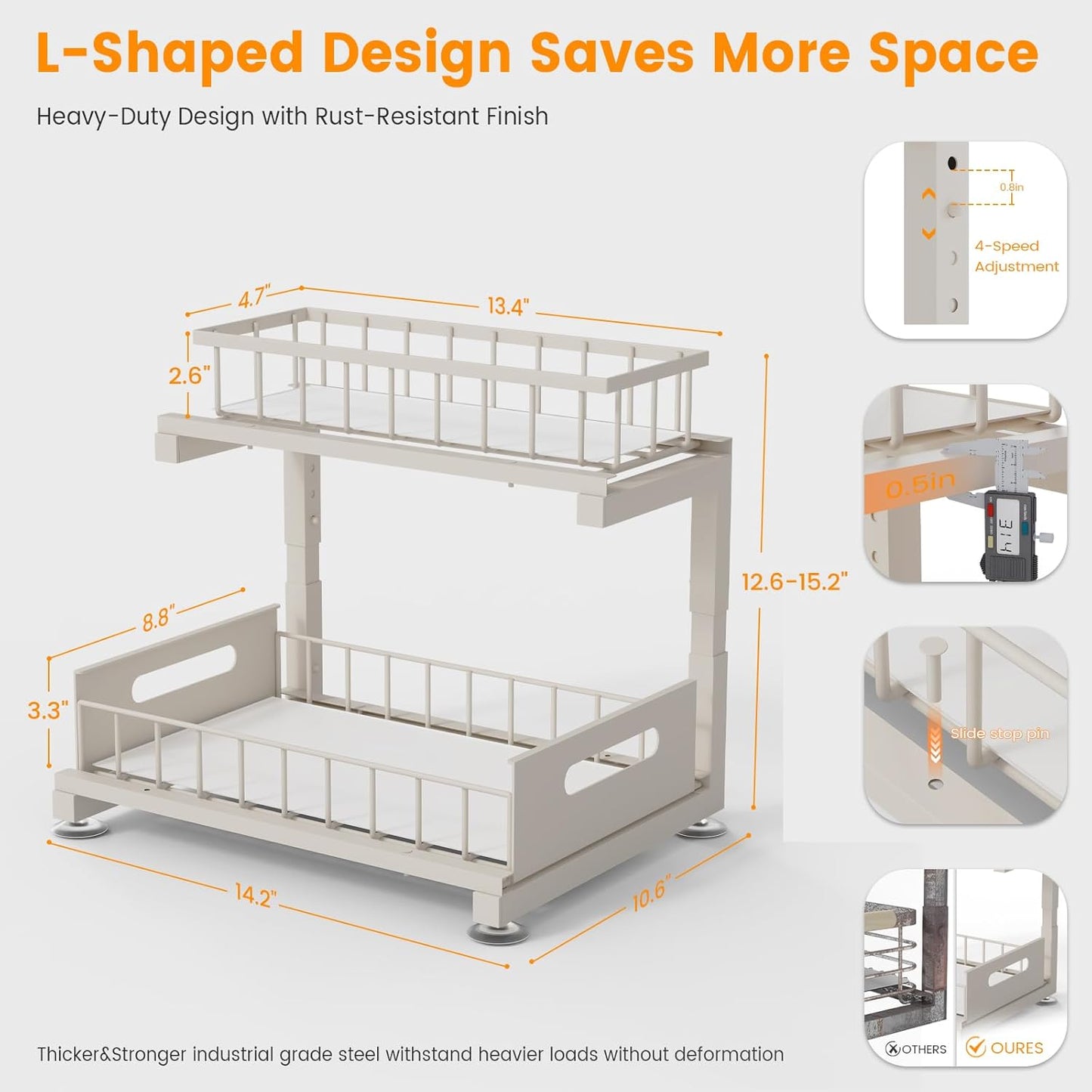 2 Pack Under Sink Organizer, 2-Tier Heavy Duty Metal Pull Out Cabinet Organizer Slide Out Sink Shelf Organizer Height Adjustable, Multi-Purpose Storage Shelf for Kitchen Bathroom (Sand, 2 Pack)