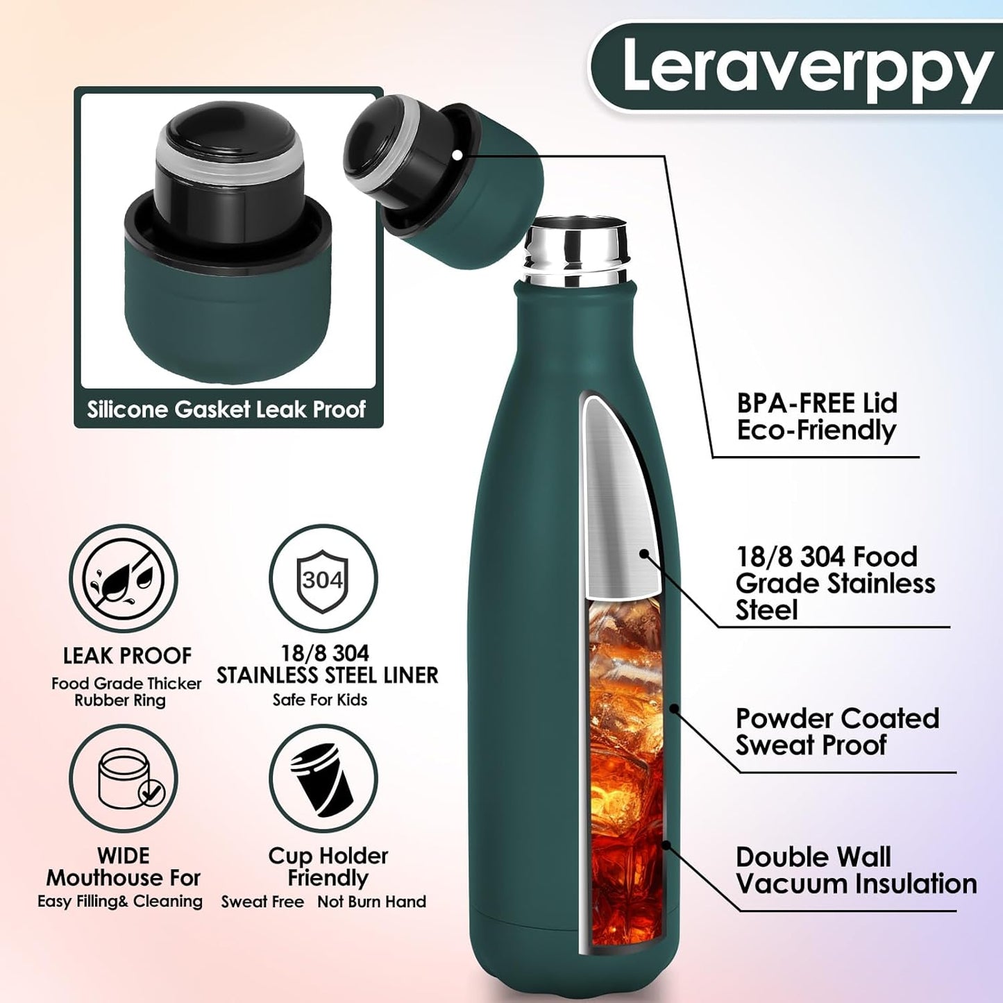 17oz Cola-Bottle Shaped Stainless Steel Leak-proof Water Bottle,Double Wall Vacuum Insulated Metal,Travel Mug For Sports Indoors & Outdoors,BPA-Free Kids Flasks,Army Green(4Pack)