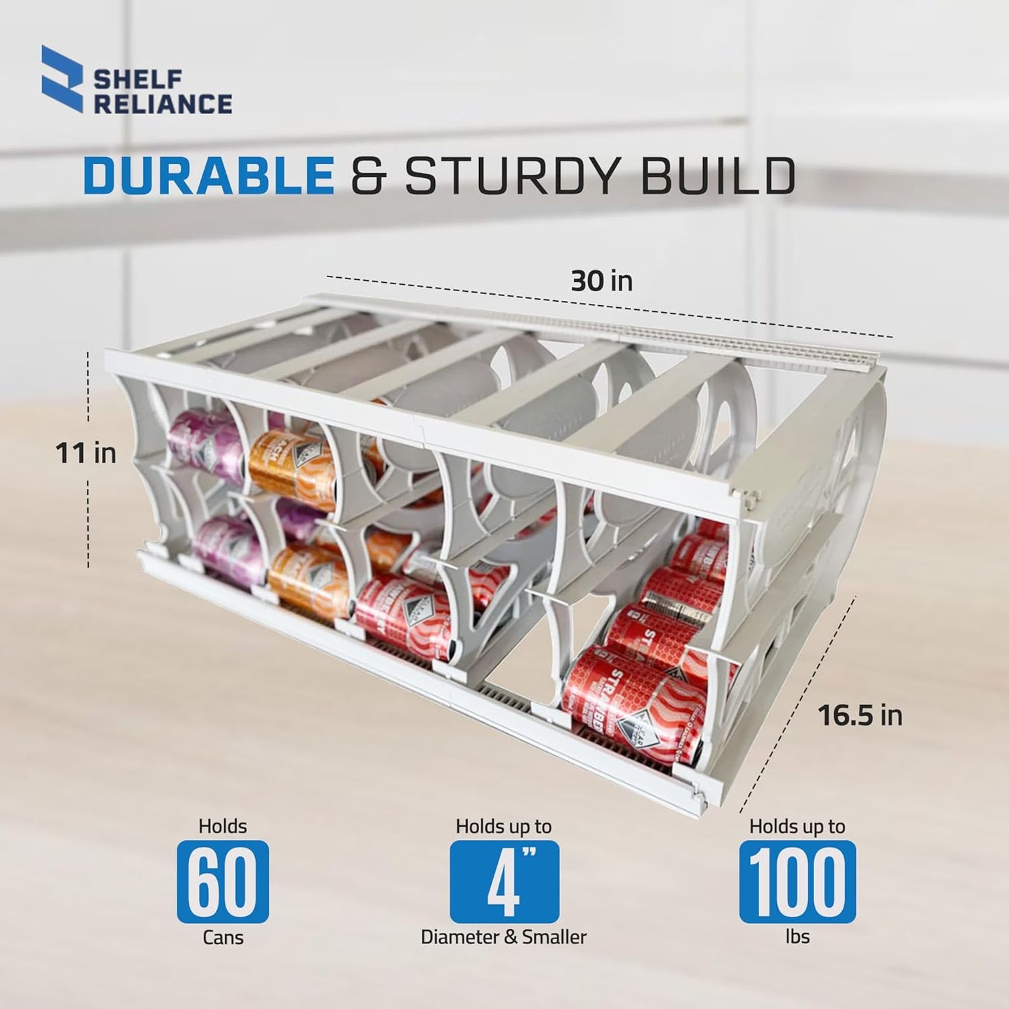 Shelf Reliance Cansolidator Pantry Plus - 1-Pack Can Organizer for Pantry, Stackable Soda Can Storage for Kitchen, Holds 60 Cans of Food or Soda