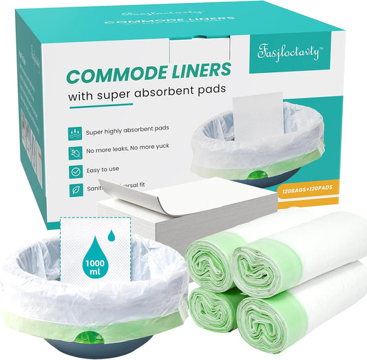 120 Pack Commode Liners with Super Absorbent Pads, Disposable Leakproof Bedside Commode Bags, Universal Fit for Standard Toilet Chair Buckets(120 Bags+120 Pads) (120PACK)
