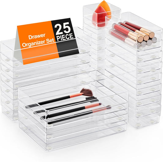 SMARTAKE 25-Piece Drawer Organizer with Non-Slip Silicone Pads, 4-Size Desk Drawer Organizer Trays Storage Tray for Makeup, Jewelries, Utensils in Bedroom Dresser, Office and Kitchen (Clear)