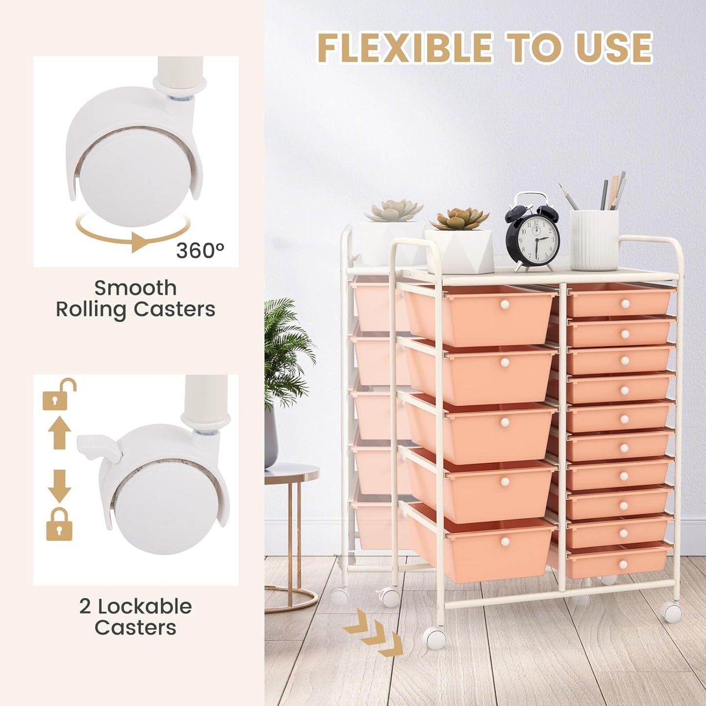 GOFLAME 15-Drawer Rolling Storage Cart, Multipurpose Movable Organizer Cart, Utility Cart for Home, Office, School, Peach Fuzz, 53825HW-GL