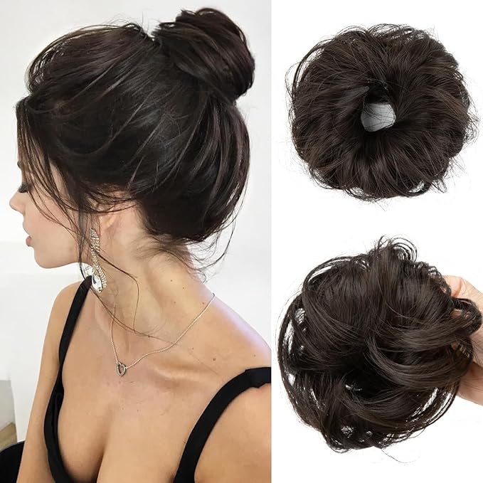CJL HAIR 2PCs Small Cute Messy Bun Hair Piece for Thin Hair Women Mini Synthetic Curly Bun Scrunchies Updo Hairpieces Dark Brown
