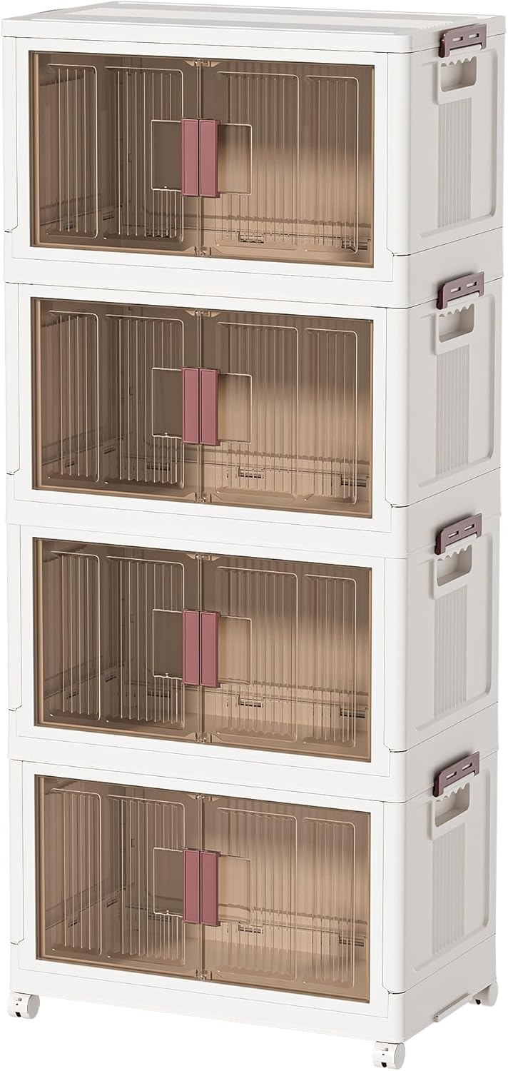 60GAL/240QT 4 Tier Large Stackable Storage Bins with Lids and Wheels, Collapsible Storage Bins Plastic with Doors, Suitable for Clothes, Closet, Home and Office