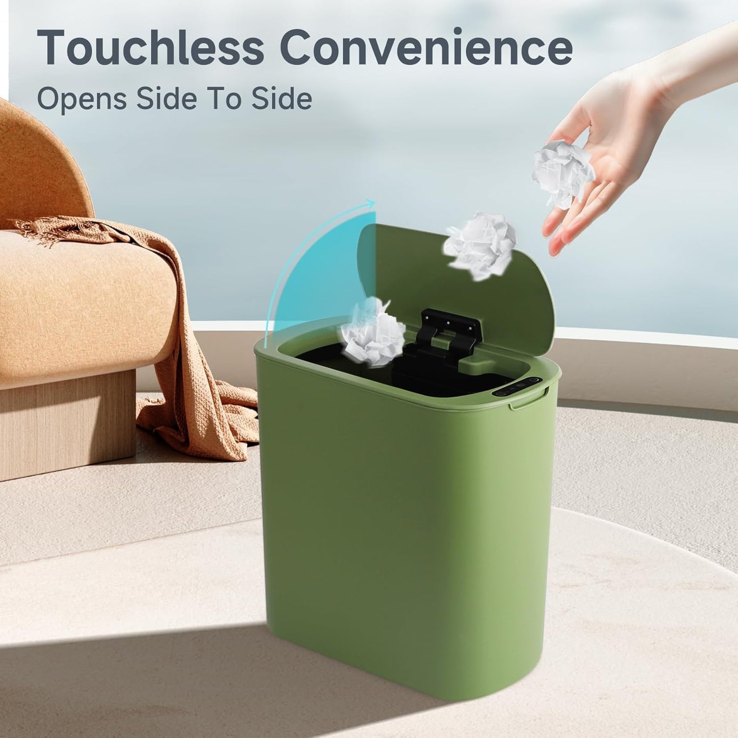 5 Gallon Motion Senor Bathroom Trash Can with Lid, Automatic Garbage Can Touchless, Smart Plastic Waste Basket for Narrow Spaces, Bathroom, Office, Bedroom, Living Room (Green)