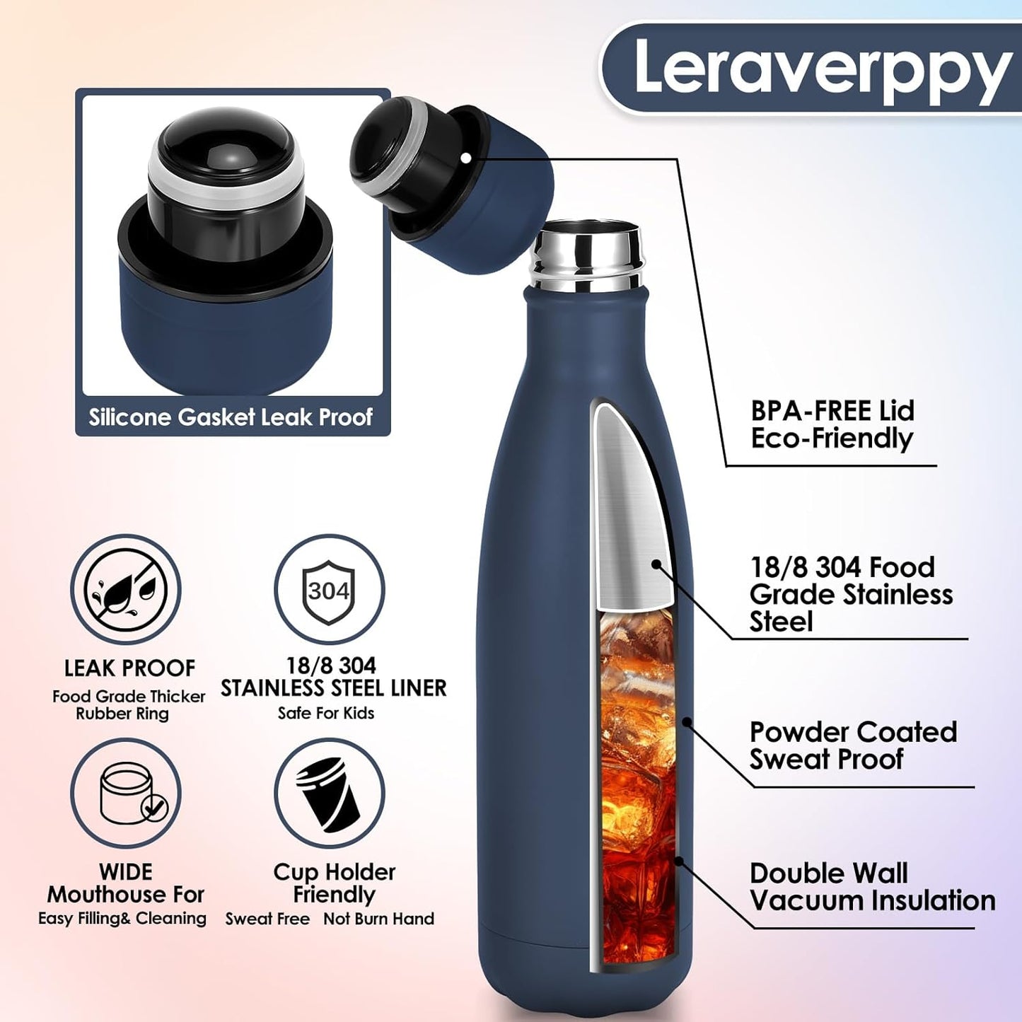 17oz Cola-Bottle Shaped Stainless Steel Leak-proof Water Bottle,Double Wall Vacuum Insulated Metal,Travel Mug For Sports Indoors & Outdoors,BPA-Free School Kids Flasks,Navy(4Pack)