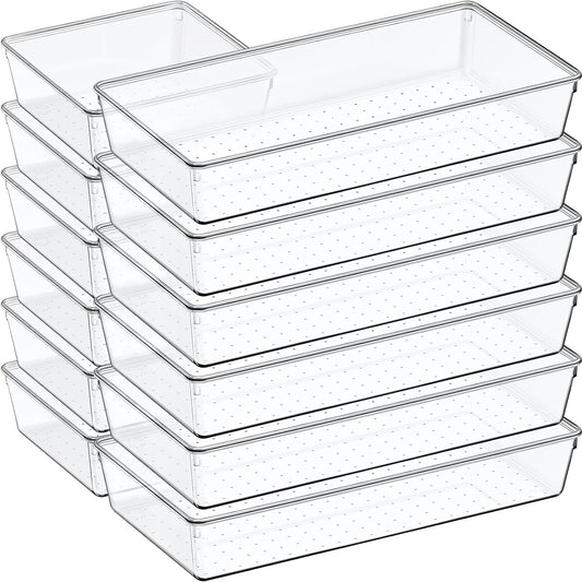 12 Pack Large Clear Plastic Drawer Organizer Set, Acrylic Bathroom Organizer Vanity Trays Dividers, Kitchen Organizers and Storage, Non-Slip Storage Bins for Makeup, Snacks, Office, Desk, Fridge