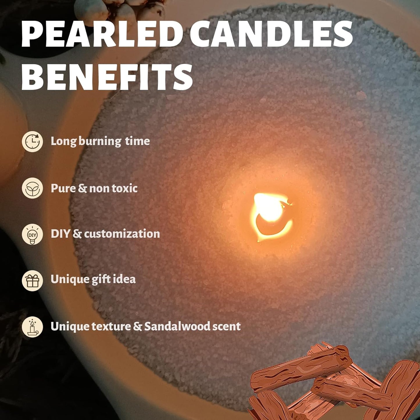 Sandalwood Scented White Pearled Candle 18oz Luxury Sand Candle Granulated Wax - 30 Cotton Wicks – Wax for Candle Making Decorative Candles Smooth and Clean Burning Lasts up to 120 Hours
