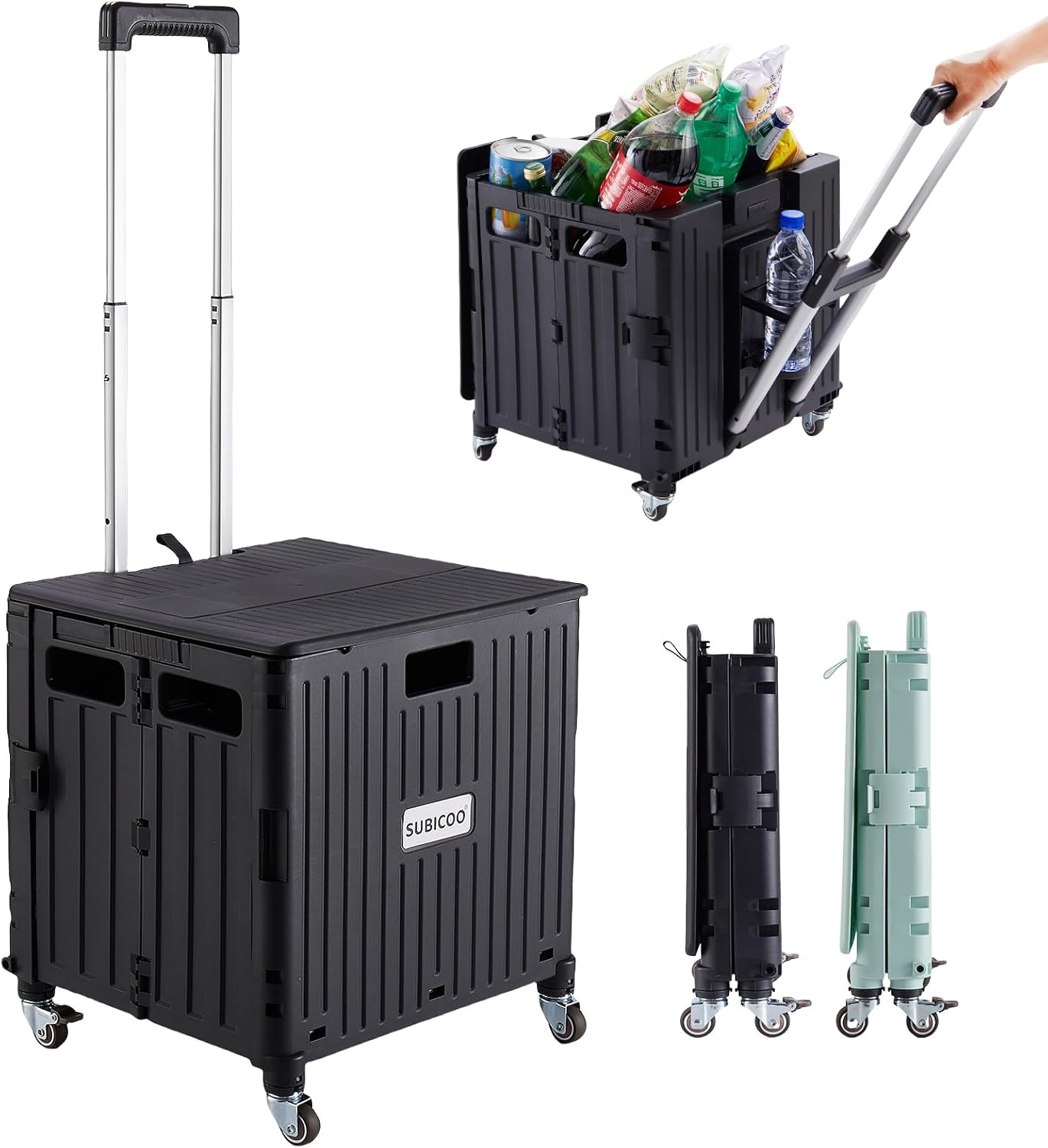 Folding Utility Cart Portable Rolling Crate Handcart Shopping Trolley Collapsible Tool Box, with Lid, on 4 Rotate Wheels, for Grocery, Shopping, Office, Teacher, Camp(Black)