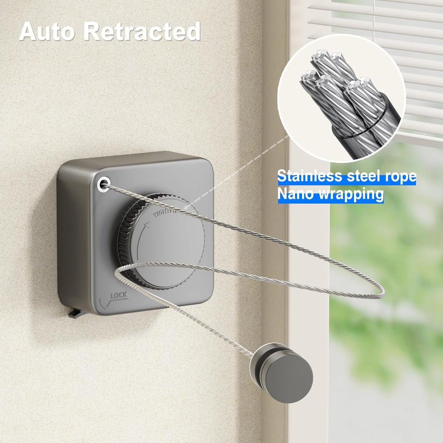 Retractable Clothesline Indoor, Non-Sagging Outdoor Clothes Line Retracting Heavy Duty Clothes Drying Laundry Line Wall Mounted Stainless Steel Line-15.1 Feets(Square-Gray)