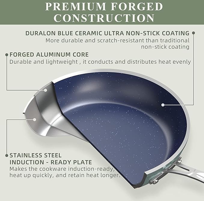 Nuwave Healthy Duralon Blue Ceramic Nonstick Coated 7pc Cookware Set, Scratch-Resistant Diamond Infused, PFAS Free, Induction Ready & Evenly Heats, Oven Safe, Tempered Glass Lids