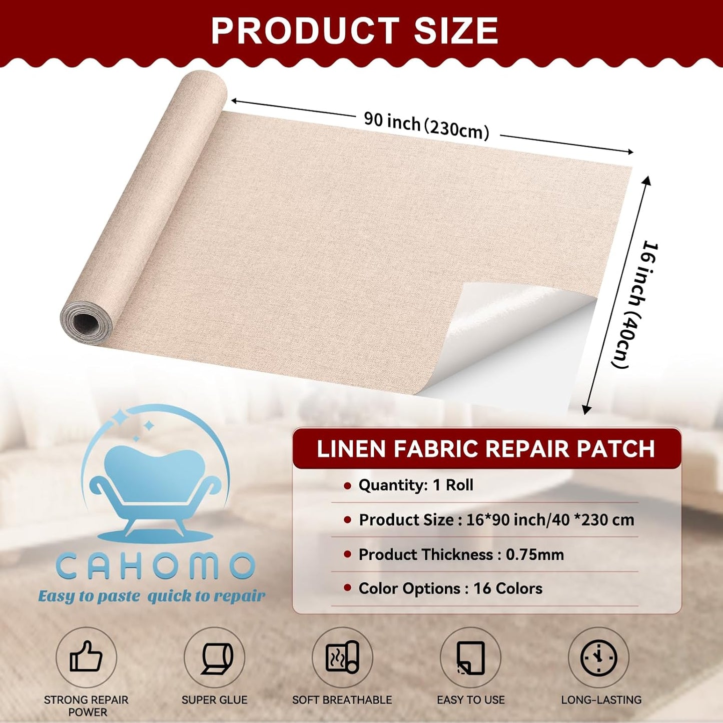 Linen Repair Tape 16x90 inch, Self Adhesive Fabric Patches, Linen Patch Tape Kit, Fabric Repair Tape for Couch Sofas, Headboards, Chairs, Pillows, Curtains, Couches - Black Grey