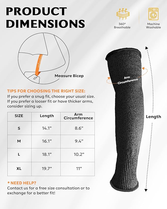 Evridwear Protective Arm Sleeves Cut Resistant Farmers Sleeves for Men Work, Gardening, Farming, Arm Protectors for Thin Skin and Bruising (S, Black No Thumb Hole)