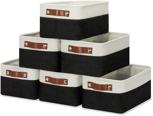 HNZIGE Small Storage Baskets (6 Pack) - Fabric Bins with Leather Handles, Foldable for Organizing (Black&White, 11.8" x 7.8" x 5.1")